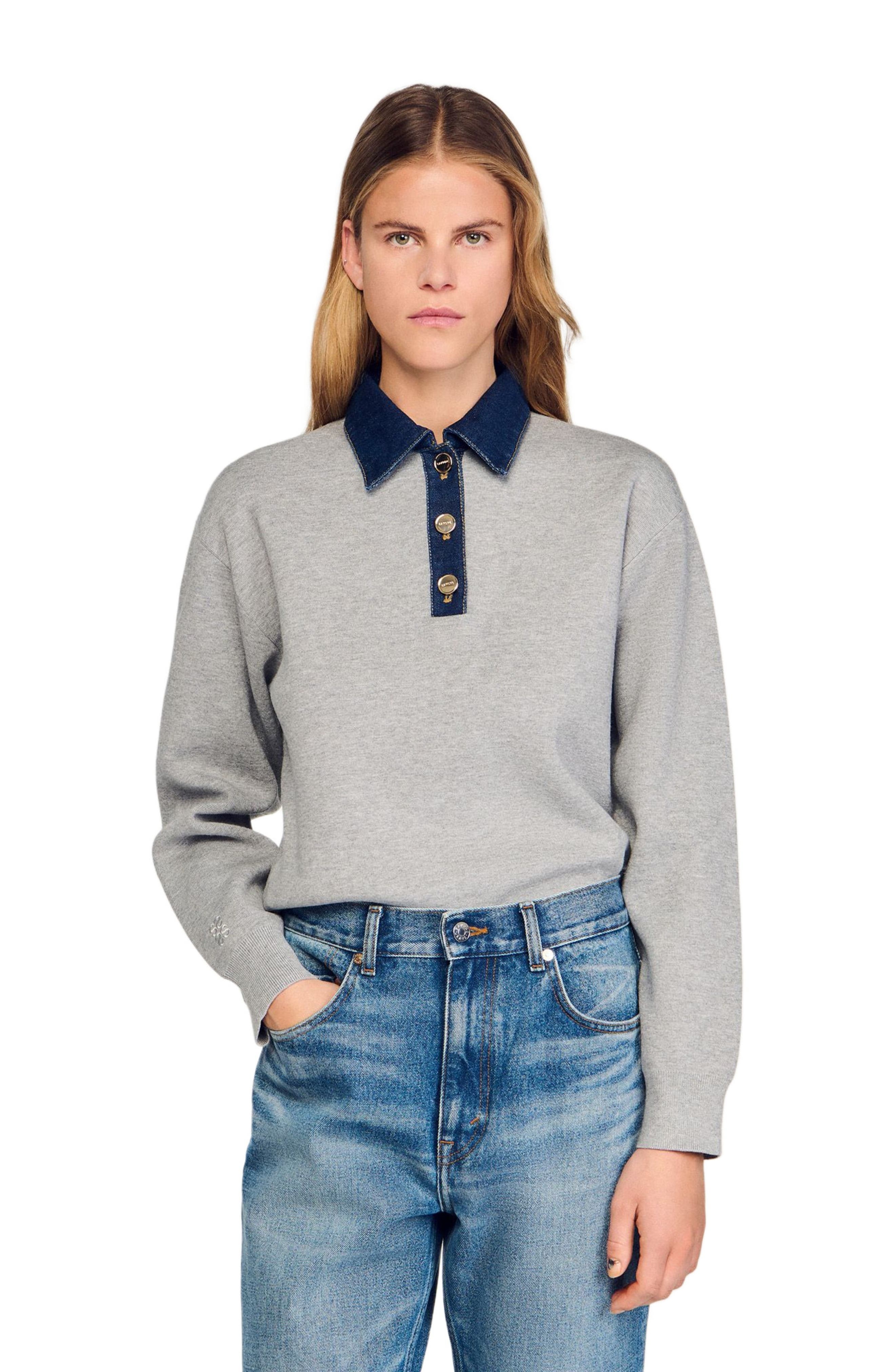 SANDRO Sweater with denim collar in Grey at Nordstrom - 4