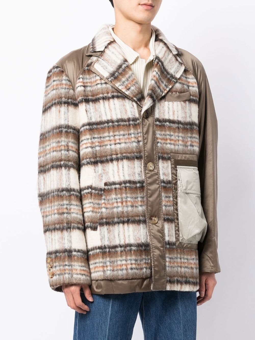 plaid panelled button-up coat - 3