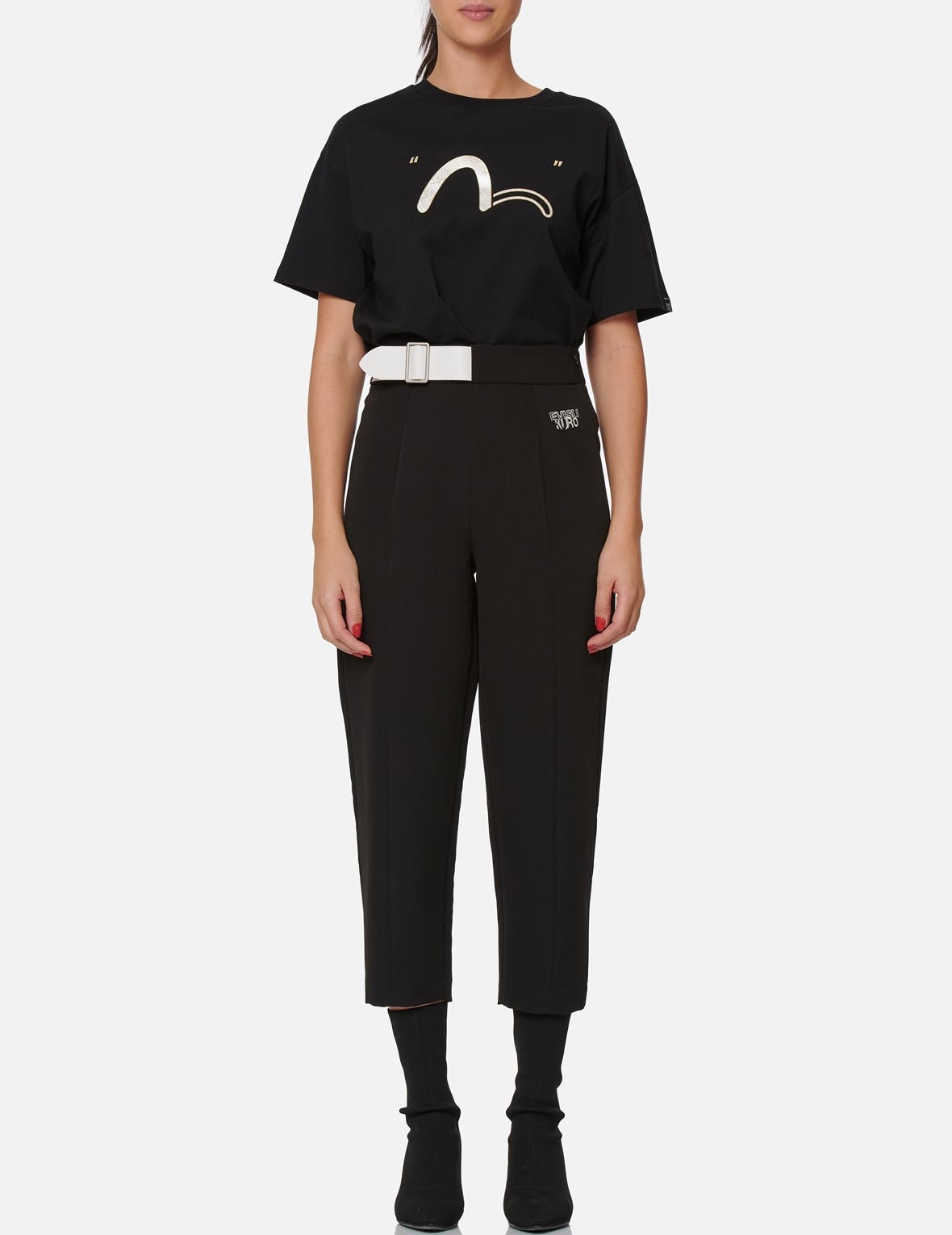 Partial Leather Buckle Belt Cropped Straight Fit Pants - 5