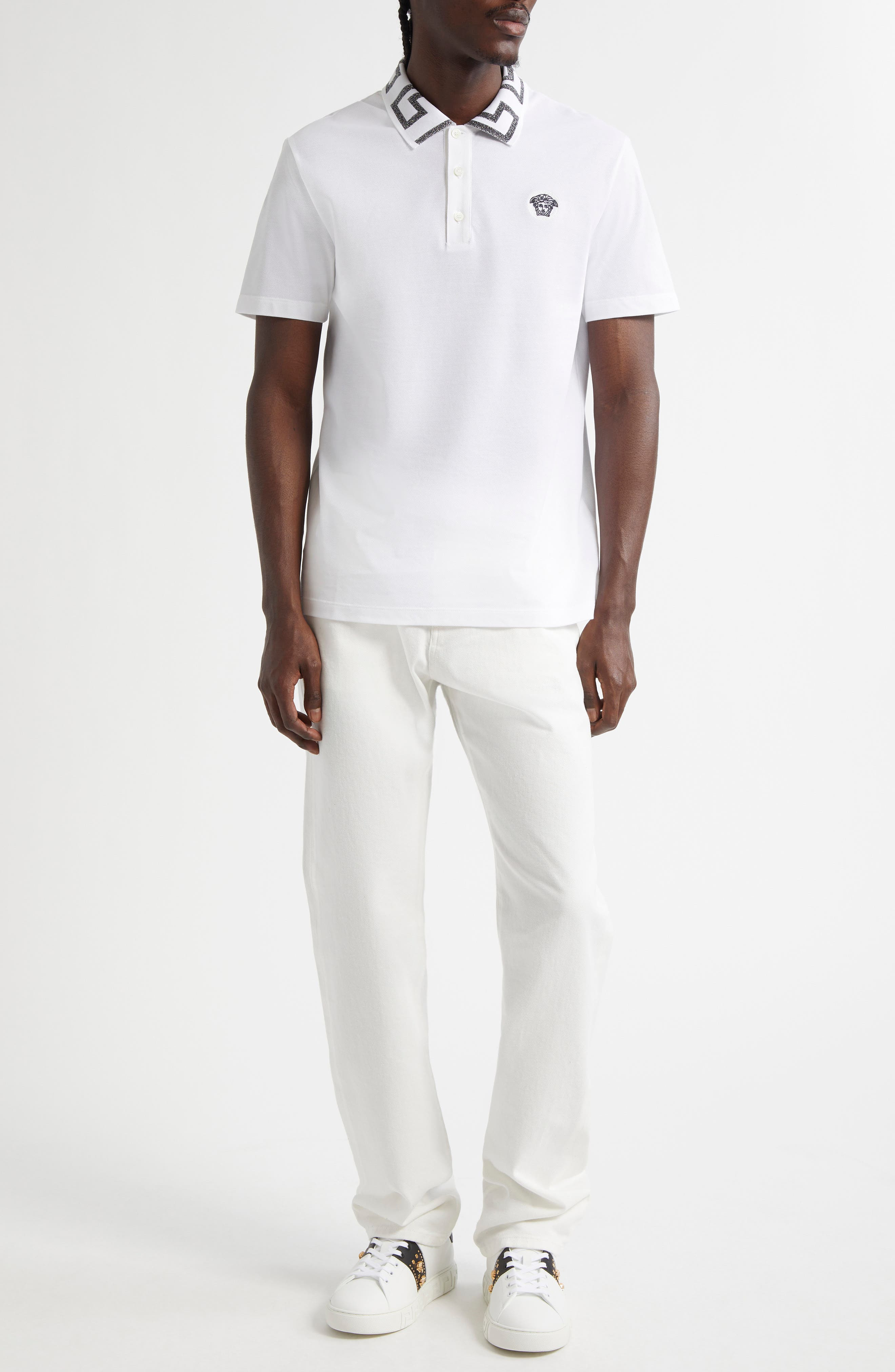 Versace Metallic Greca Collar Piqué Polo in White Antrachite at Nordstrom - 2