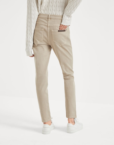 Brunello Cucinelli Stretch dyed denim slim trousers with shiny leather tab outlook