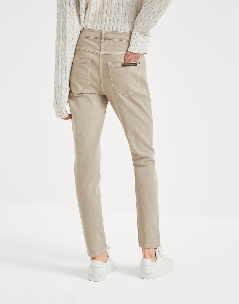Brunello Cucinelli Stretch dyed denim slim trousers with shiny leather tab outlook