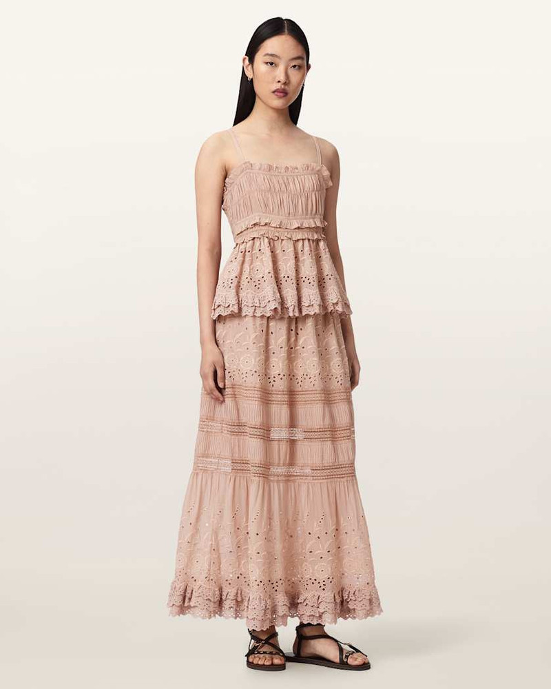 ALLSAINTS CAMILLE EMBROIDERED TIERED MAXI SKIRT outlook