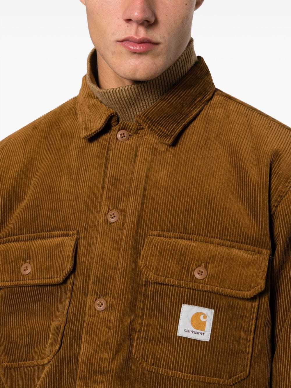 logo-patch corduroy shirt jacket - 5