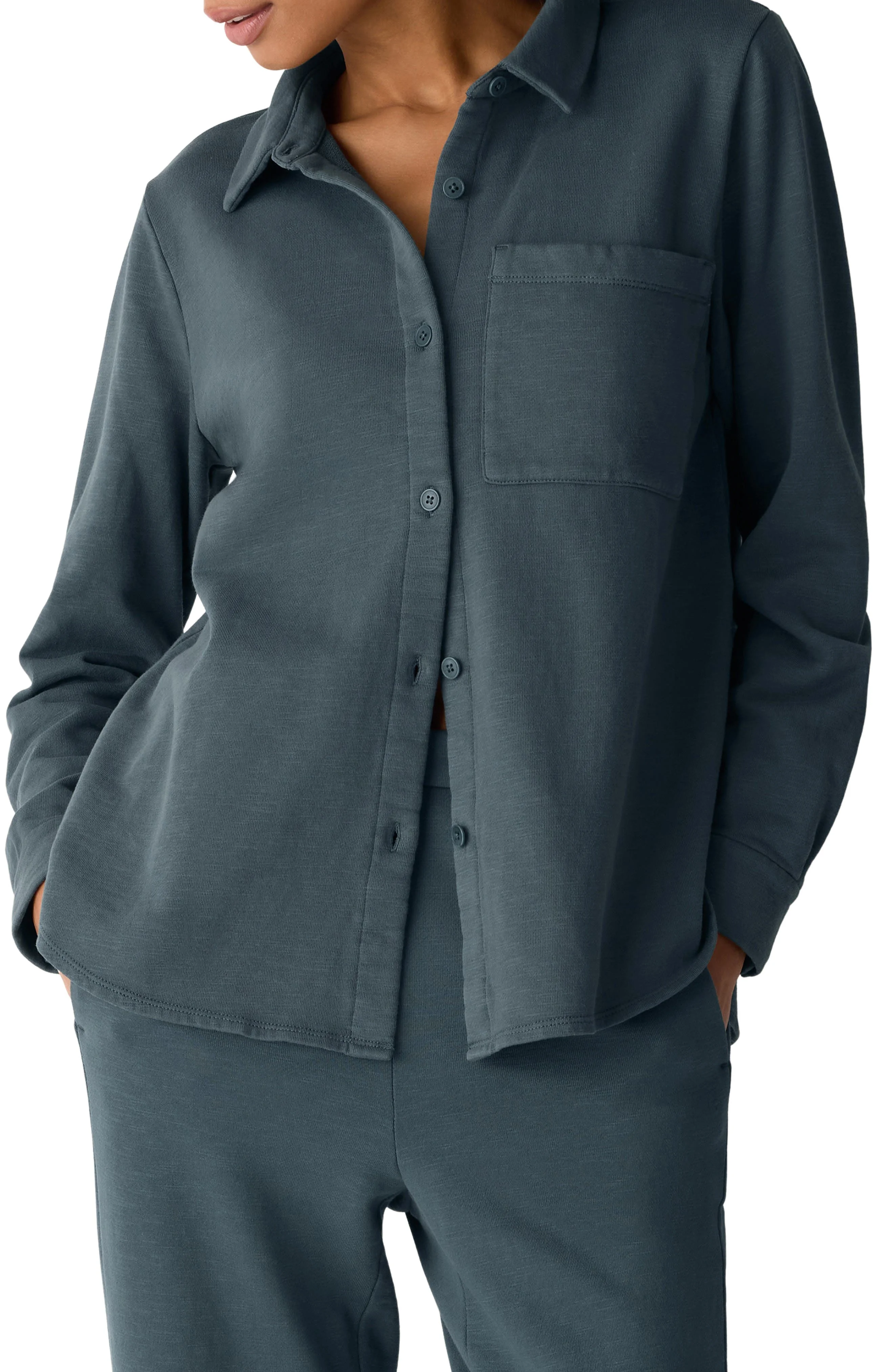 Eileen Fisher Classic Collar Organic Cotton French Terry Button-Up Shirt in Eucalyptus at Nordstrom - 1