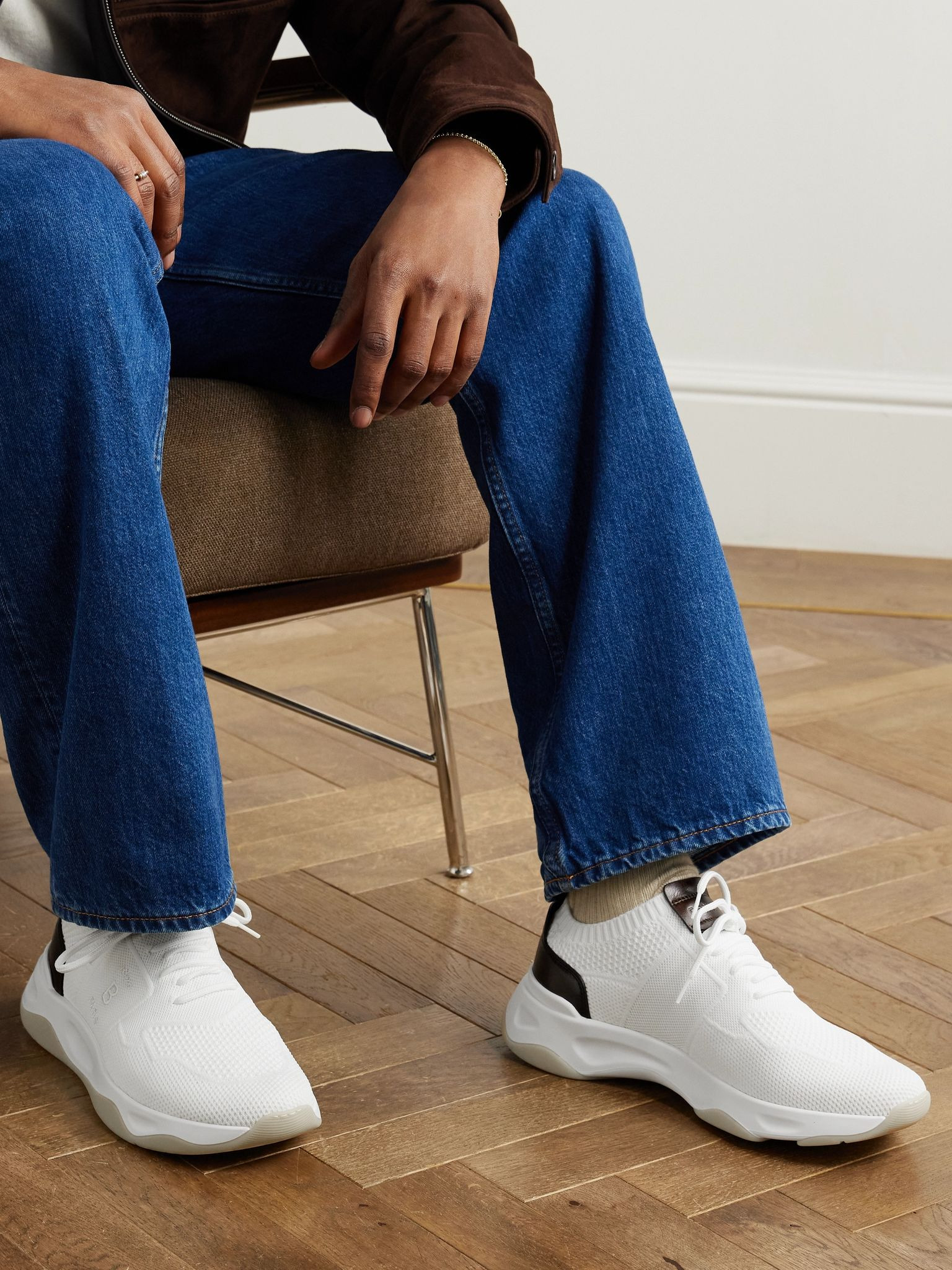Shadow Leather-Trimmed Stretch-Knit Sneakers White - 2