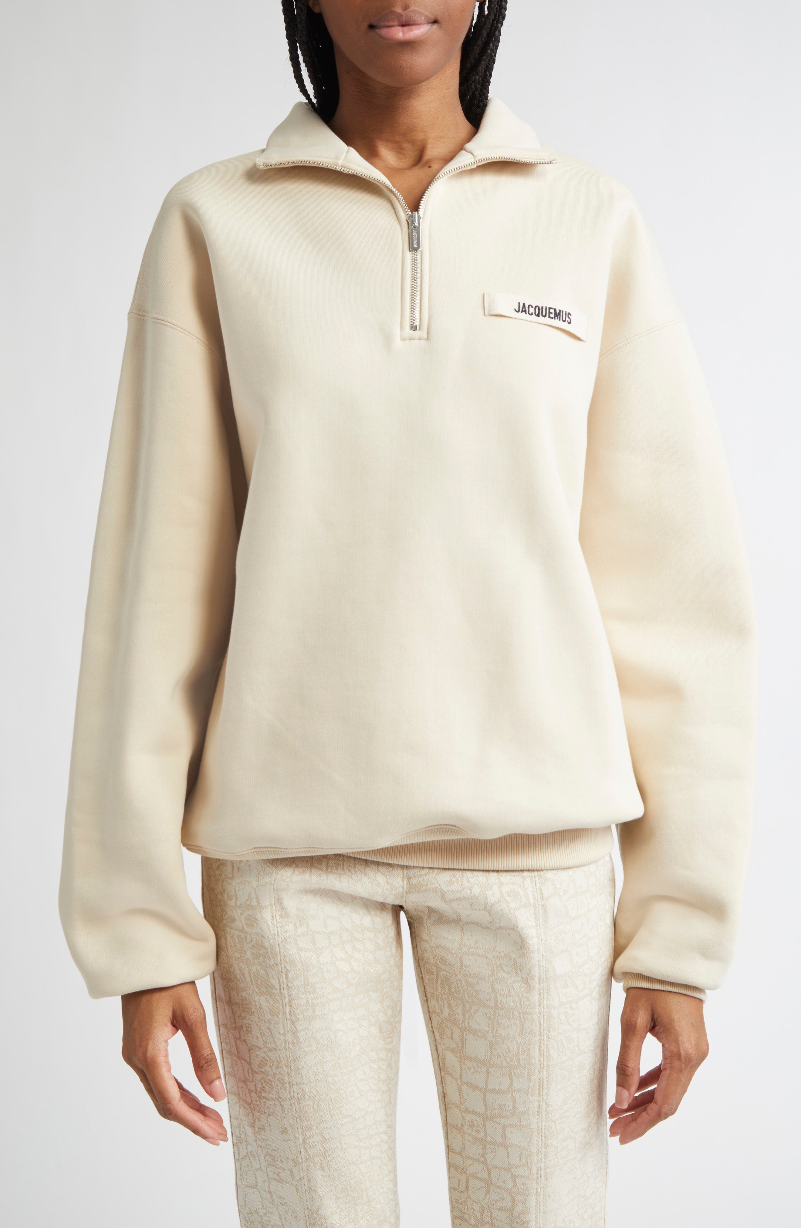 Jacquemus The Gros Grain Cotton Fleece Zip Sweatshirt in Beige at Nordstrom - 1