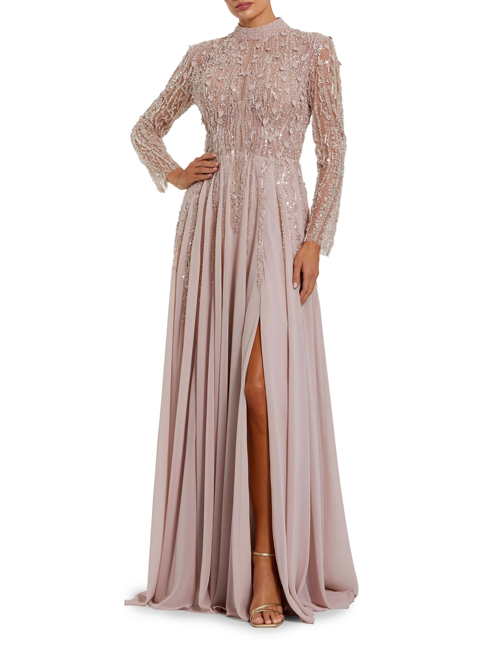 Women's Evening Embellished Satin Gown - Dusty Rose - 1