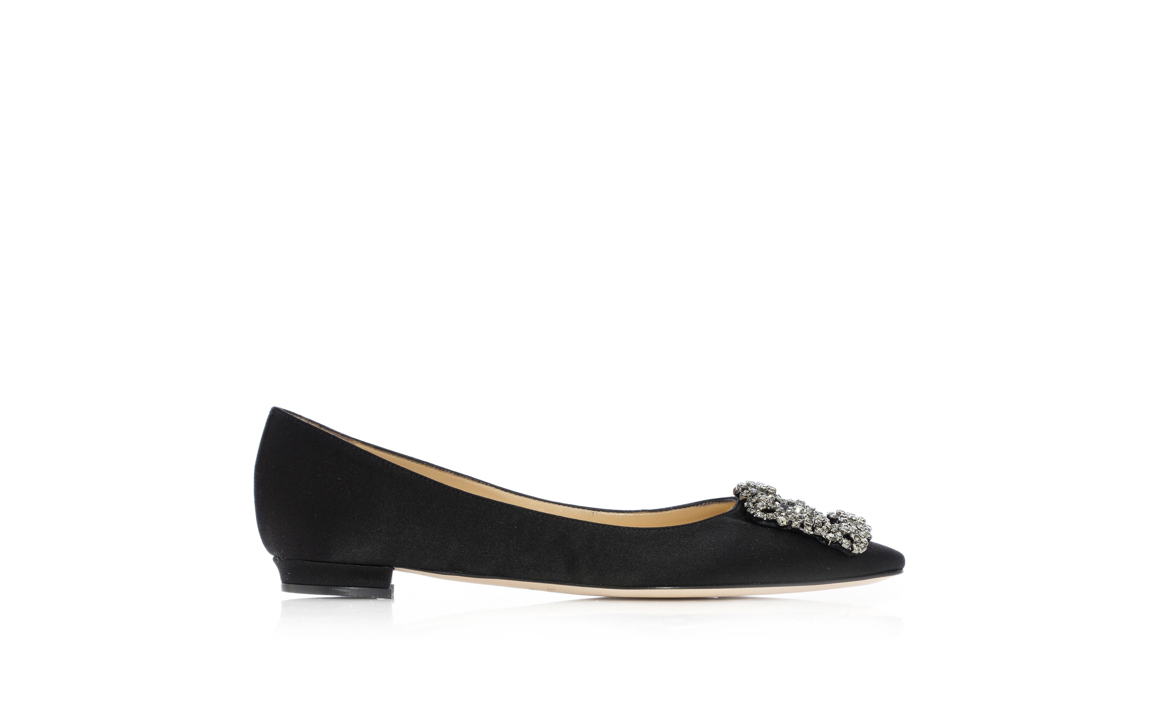 Black Satin Jewel Buckle Flat Shoes - 1