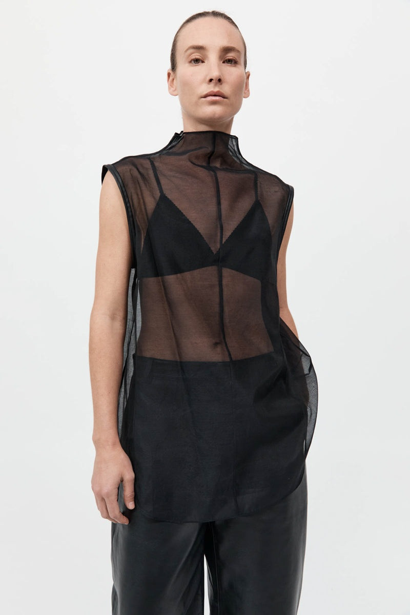Sheer Silk Leather Trim Top - Black 2