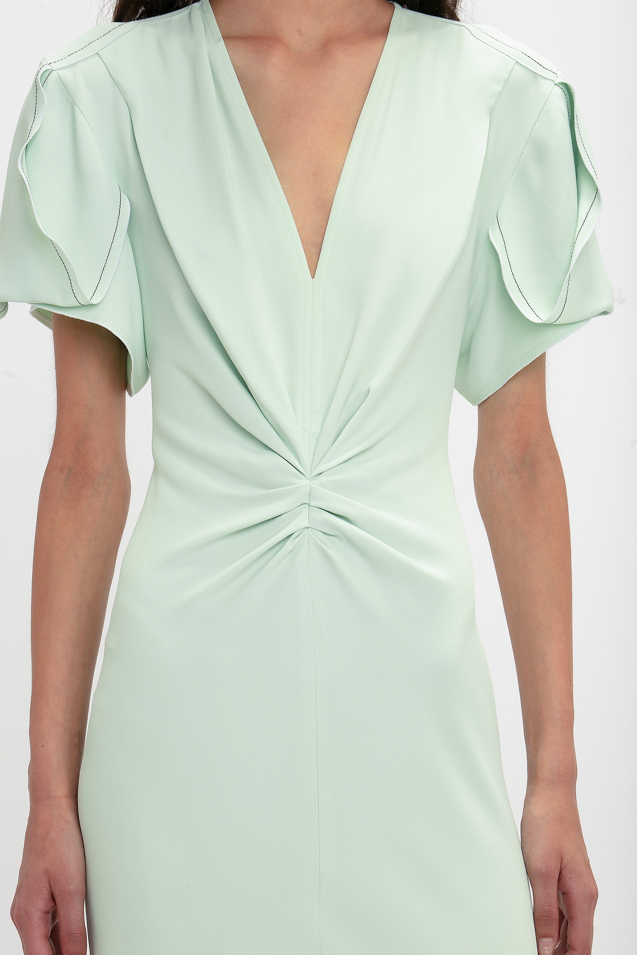 Gathered V-Neck Midi Dress In Jade - 5