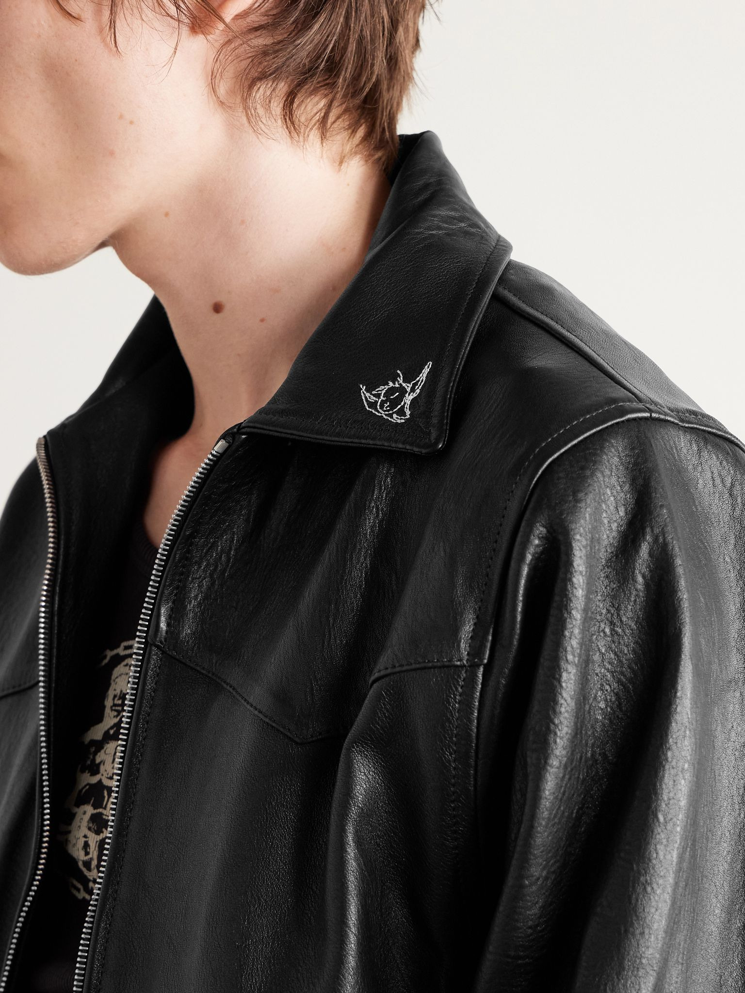Principe De L'Amour Embroidered Leather Jacket Black - 6