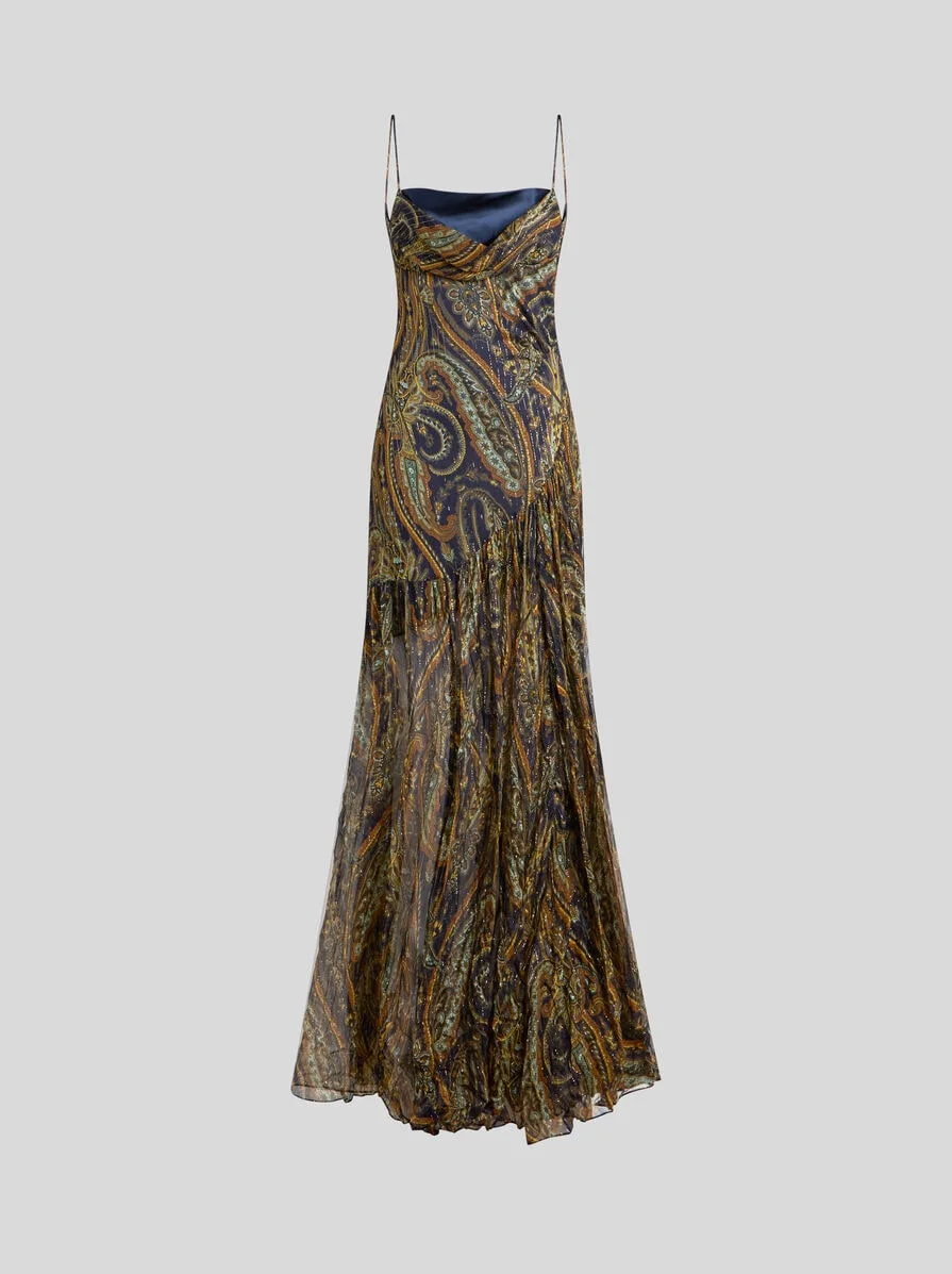 LONG SILK DRESS WITH DRAPING AND PAISLEY MOTIF - 1
