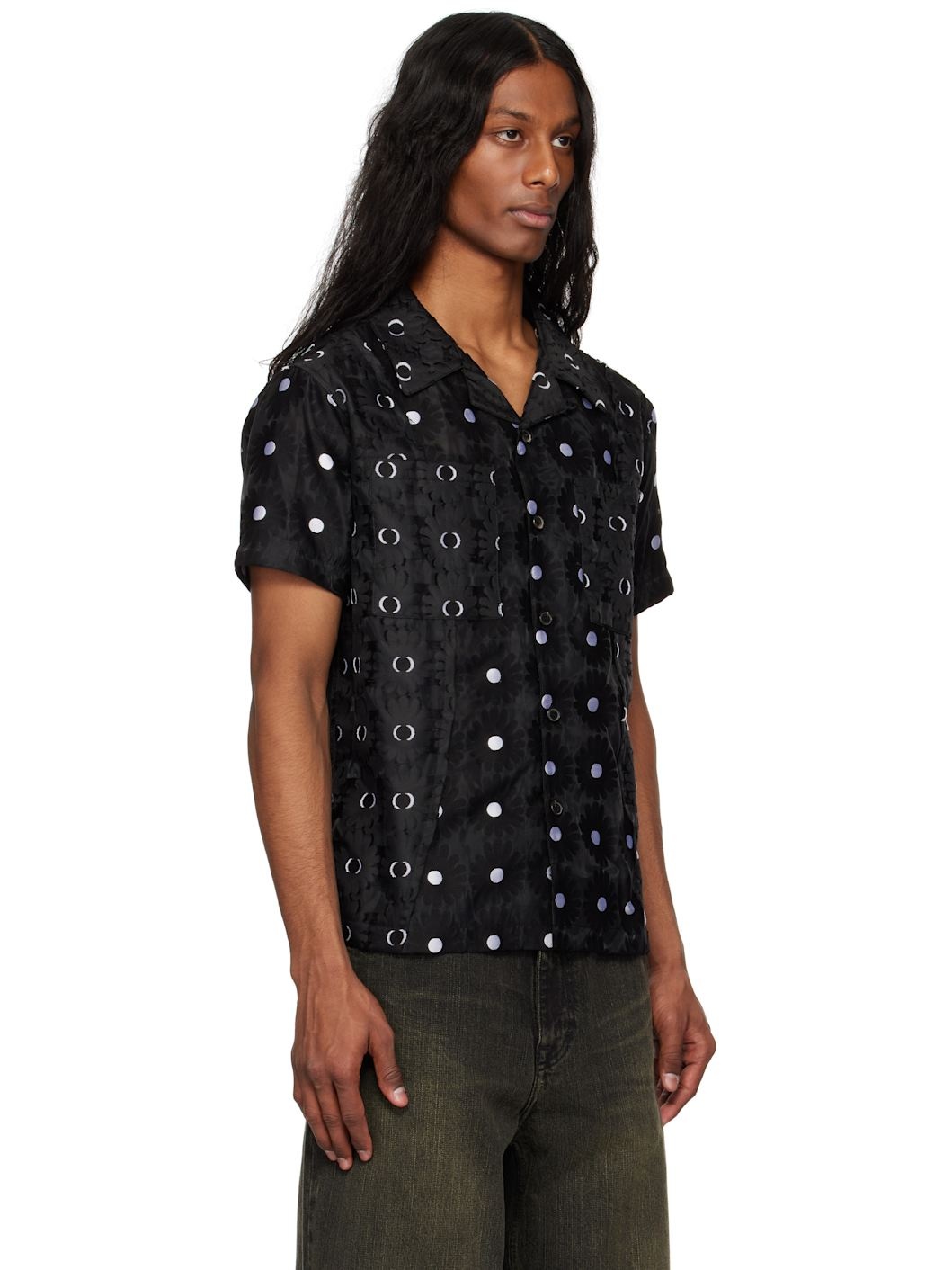 Black Half Sheer Flower Shirt - 2