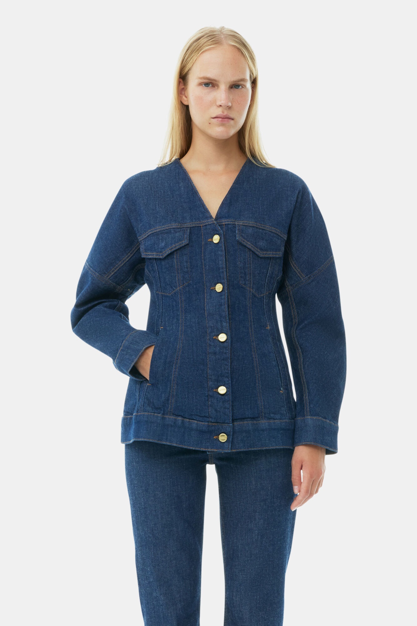 DENIM SHAPED SLEEVE ROSE BLAZER - 2