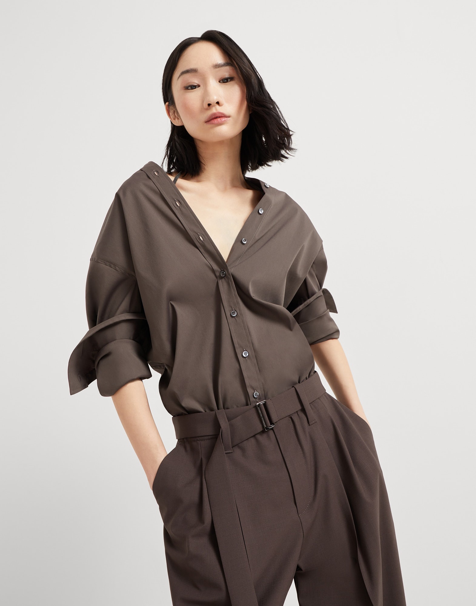 Stretch cotton poplin shirt with  precious detachable straps - 4