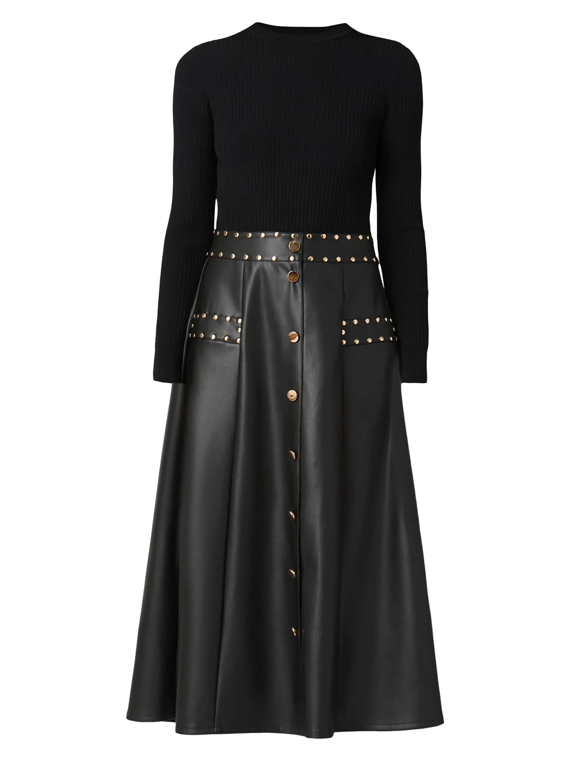 Women's Cleo Mixed-Media Midi-Dress - Jet - 1
