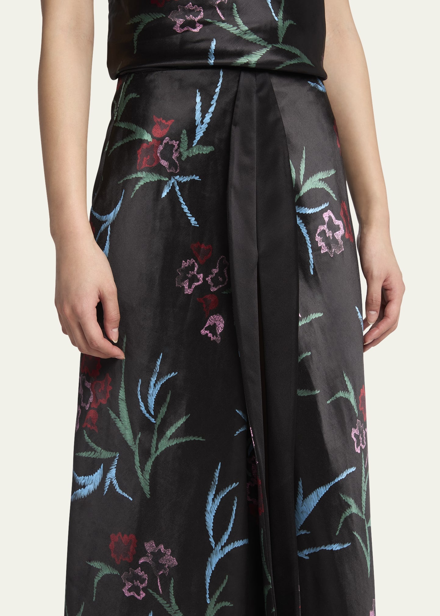 Floral Printed Maxi Silk Skirt with Pleated Center Panel - 5