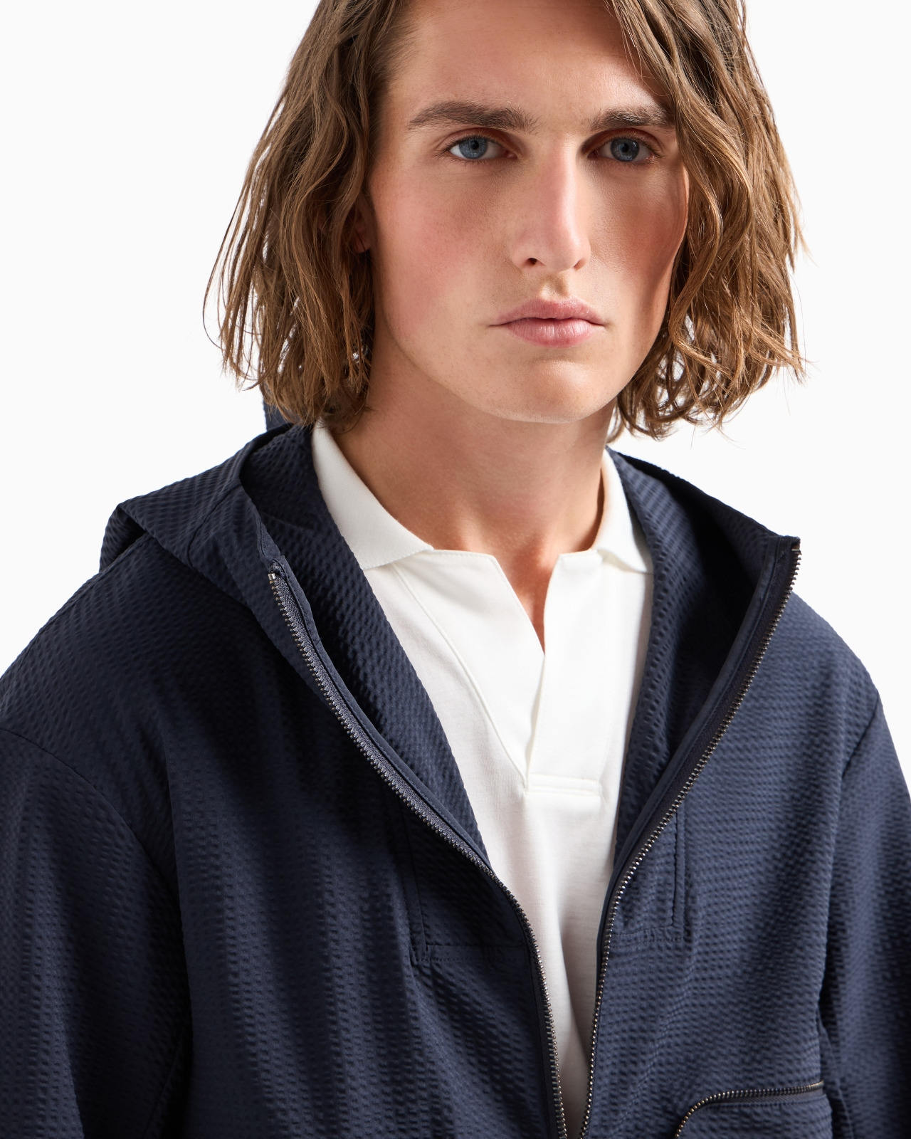 Technical-seersucker hooded blouson with zip - 5