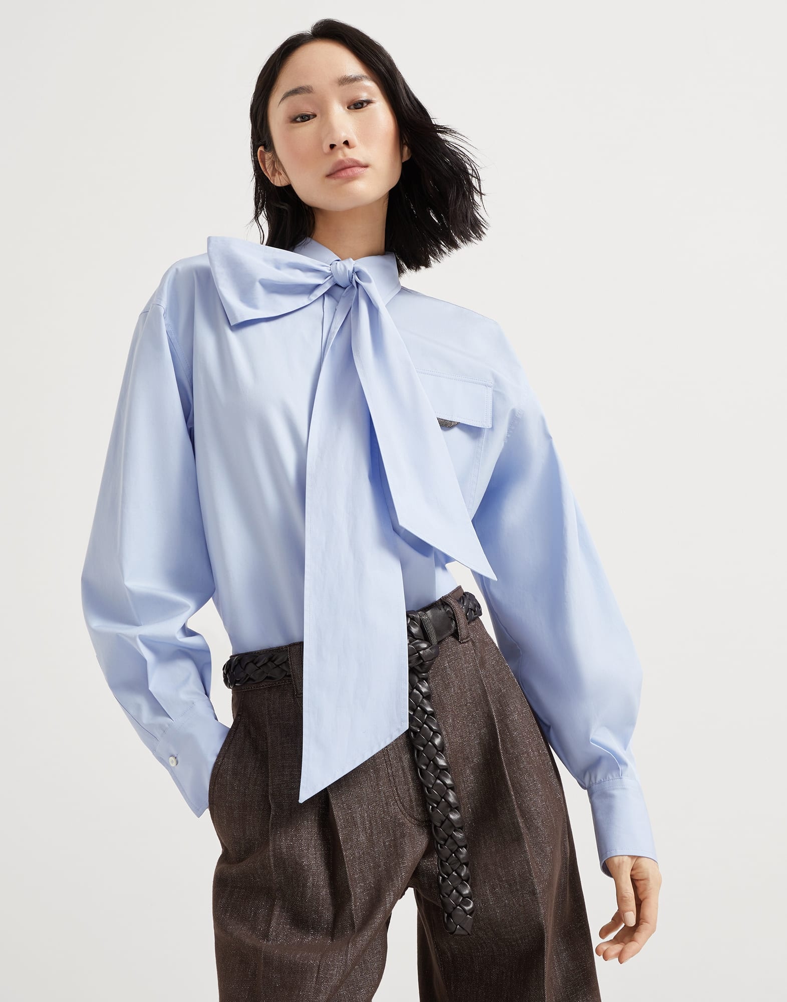Cotton poplin pussybow shirt with shiny flap detail - 4