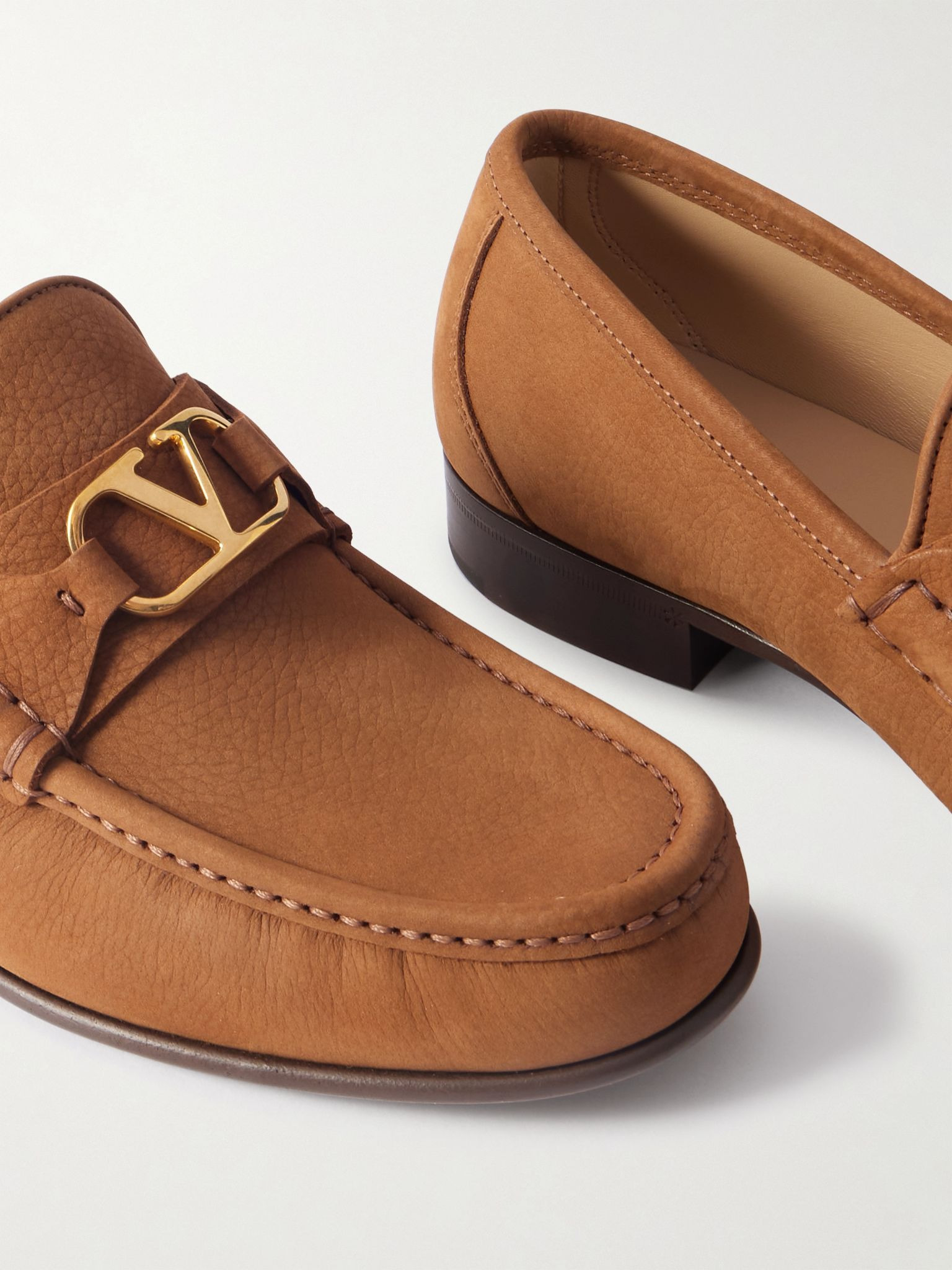 V-Logo Embellished Full-Grain Nubuck Loafers Brown - 5