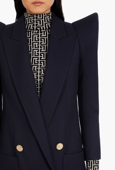 Long double-breasted navy blue wool blazer - 6