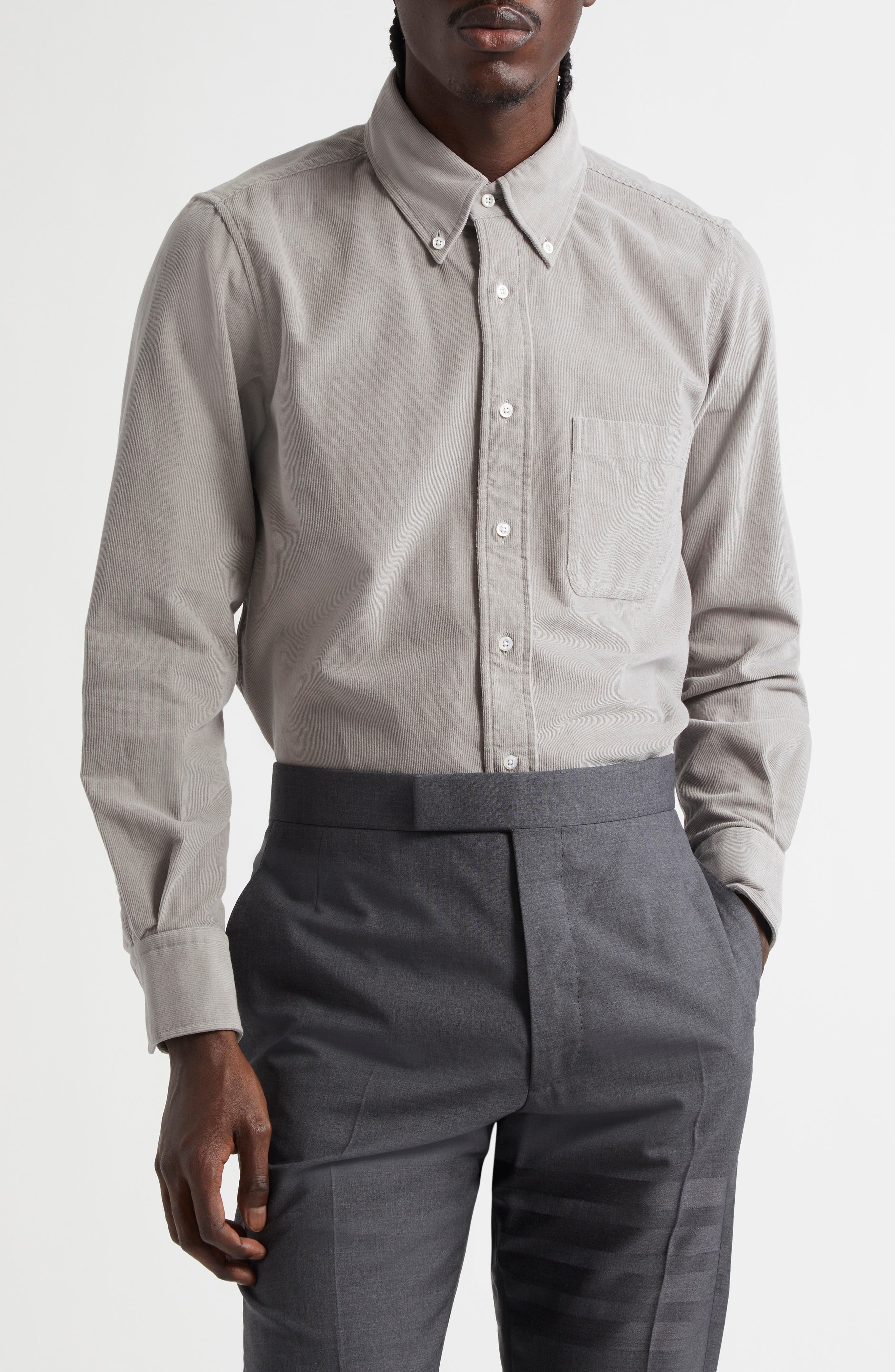 Thom Browne Straight Fit Cotton Corduroy Button-Down Shirt in Light Grey at Nordstrom - 1