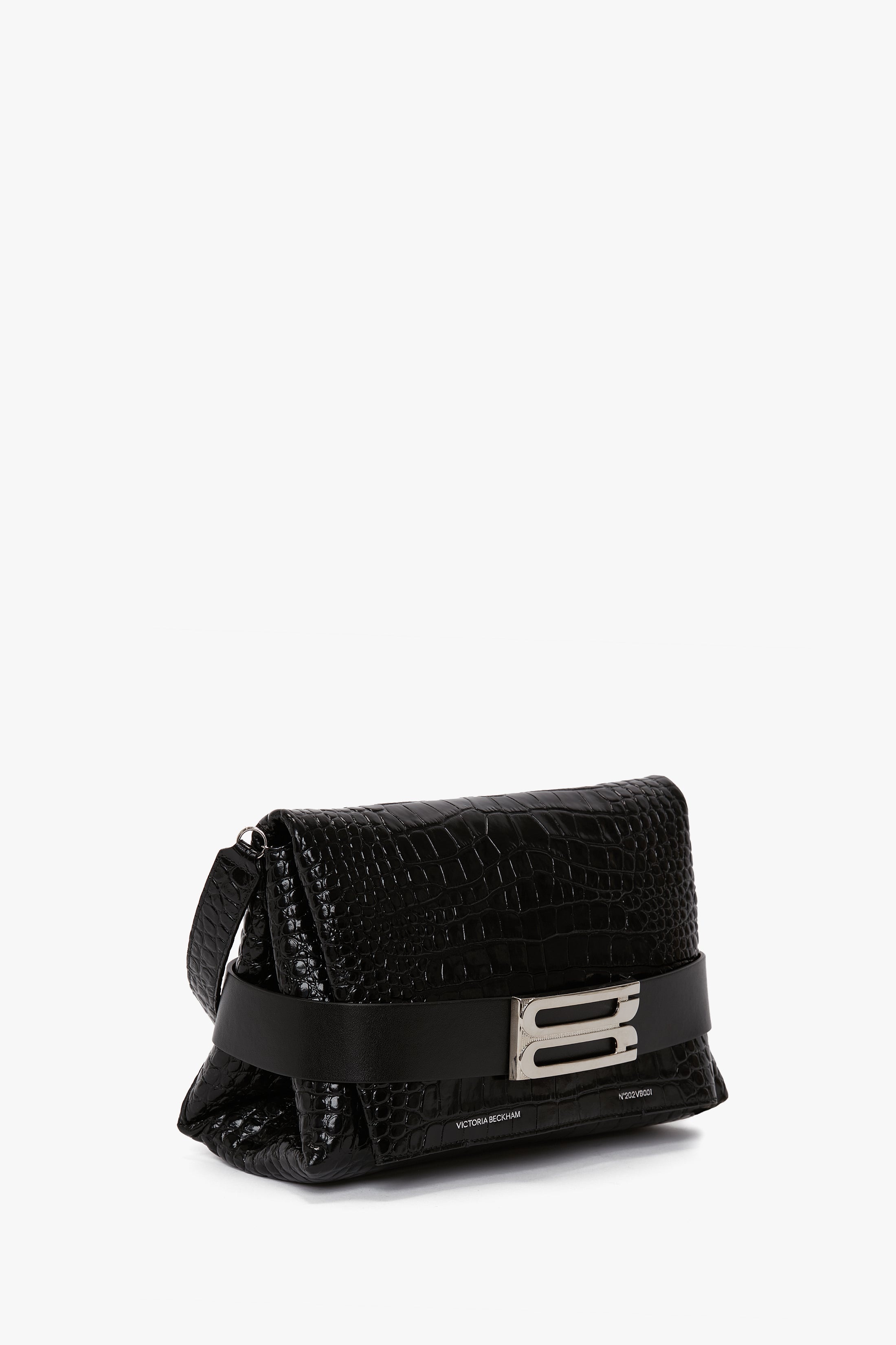 B Pouch Bag In Croc Embossed Black Leather - 2