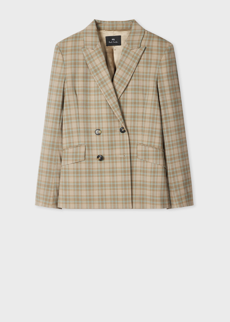 Women's Cream and Blue Check Double-Breasted Blazer 1
