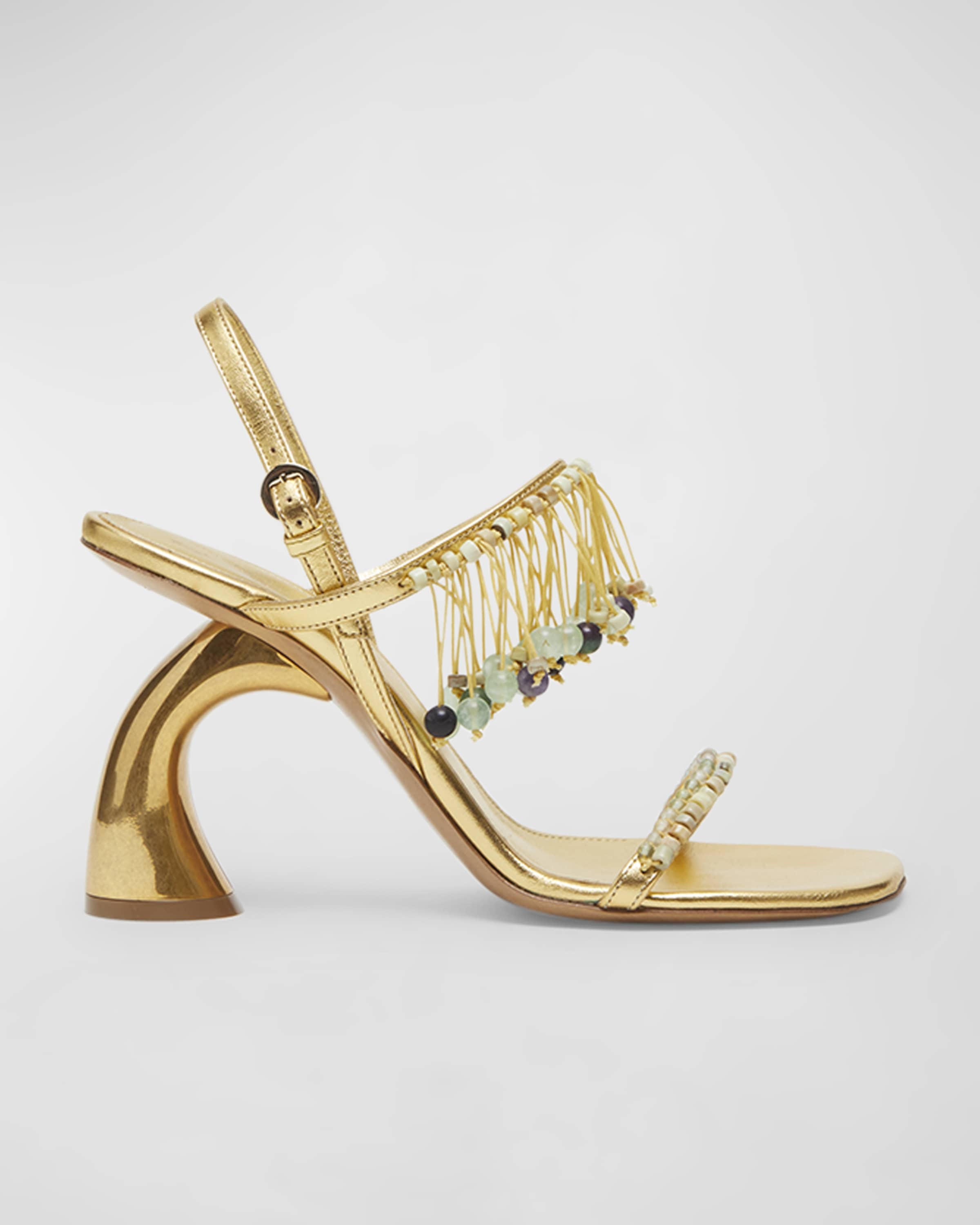 Metallic Beaded Fringe Slingback Sandals - 1