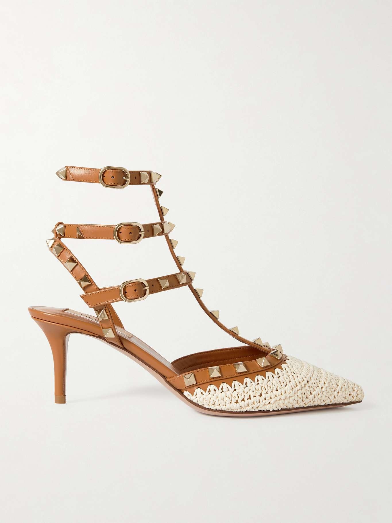 Rockstud 65 embellished leather and crocheted raffia pumps - 1