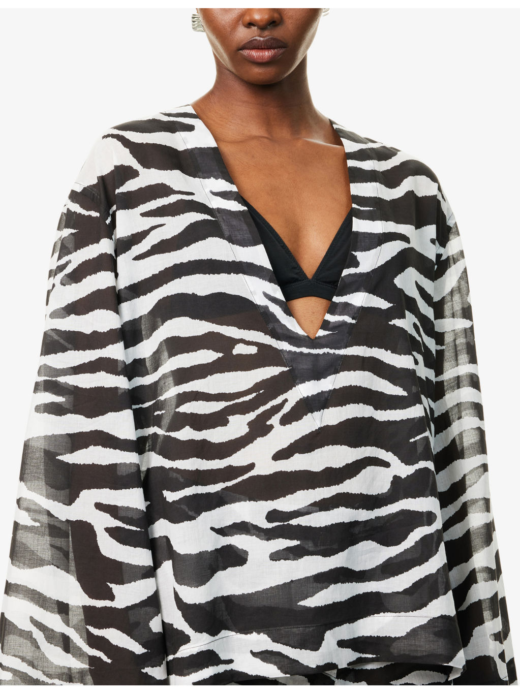 Zebra Plunge-V-Neck Cotton-Poplin Blouse - 5