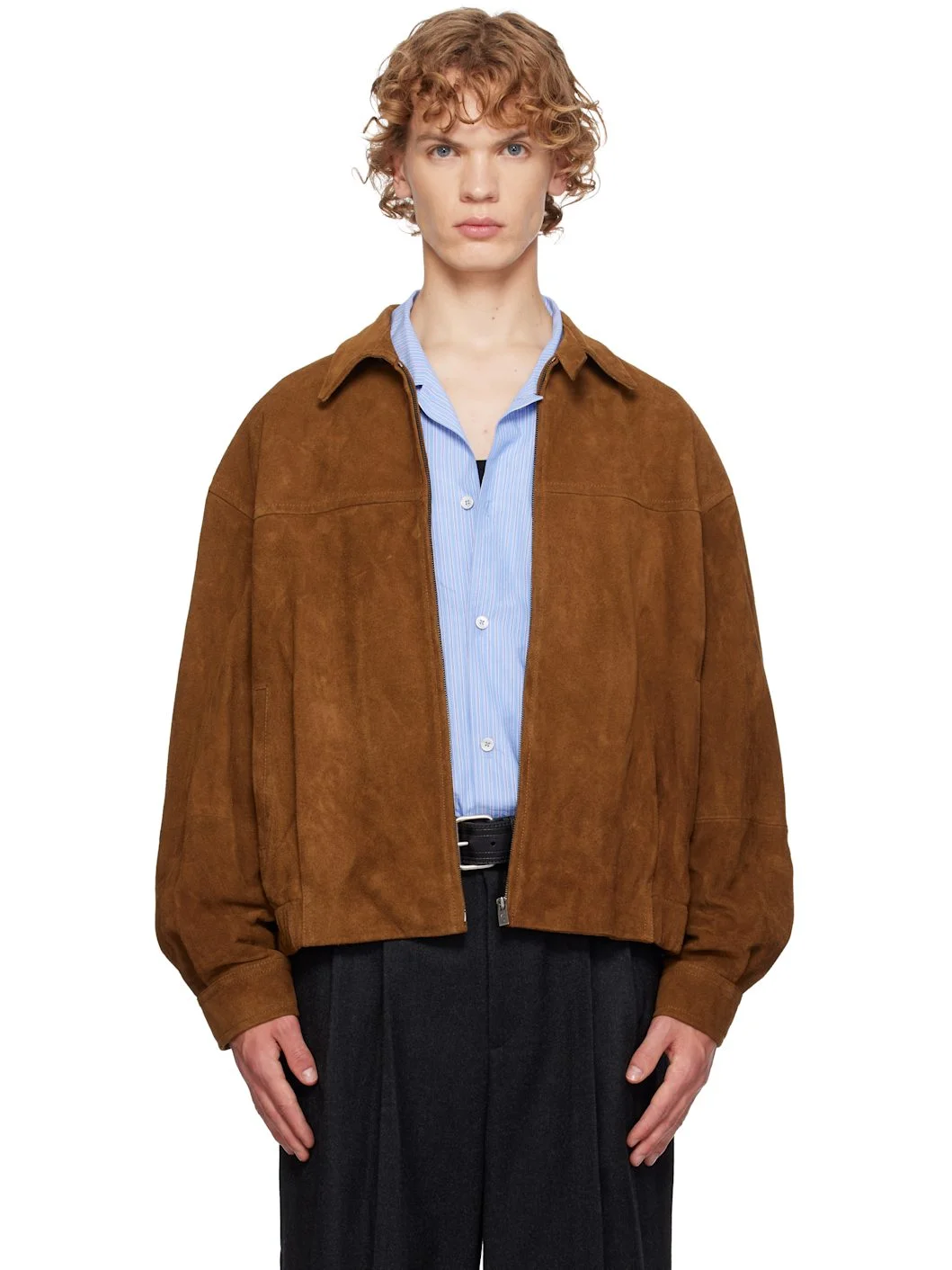 Brown Suede Zip Blouson Leather Jacket - 1
