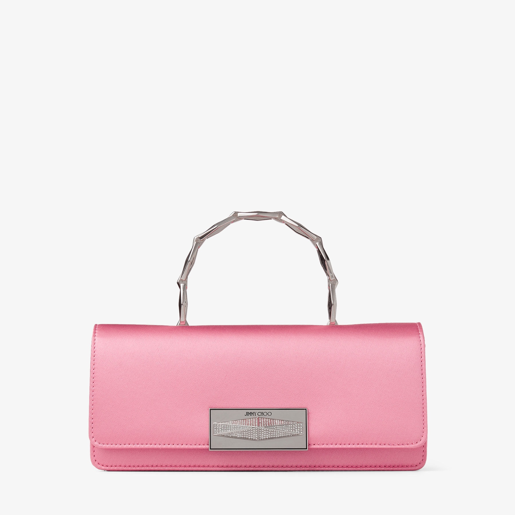 Diamond Chain Top Handle
Candy Pink Satin Top Handle Bag with Diamond Pave Lock - 1