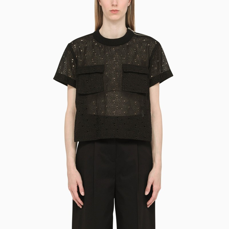 Black Sangallo lace crew-neck top - 1