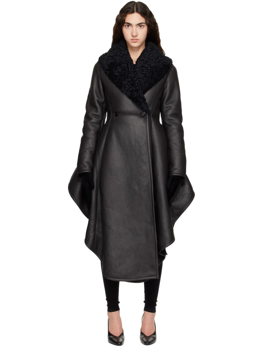 Brown Asymmetric Shearling Coat - 1