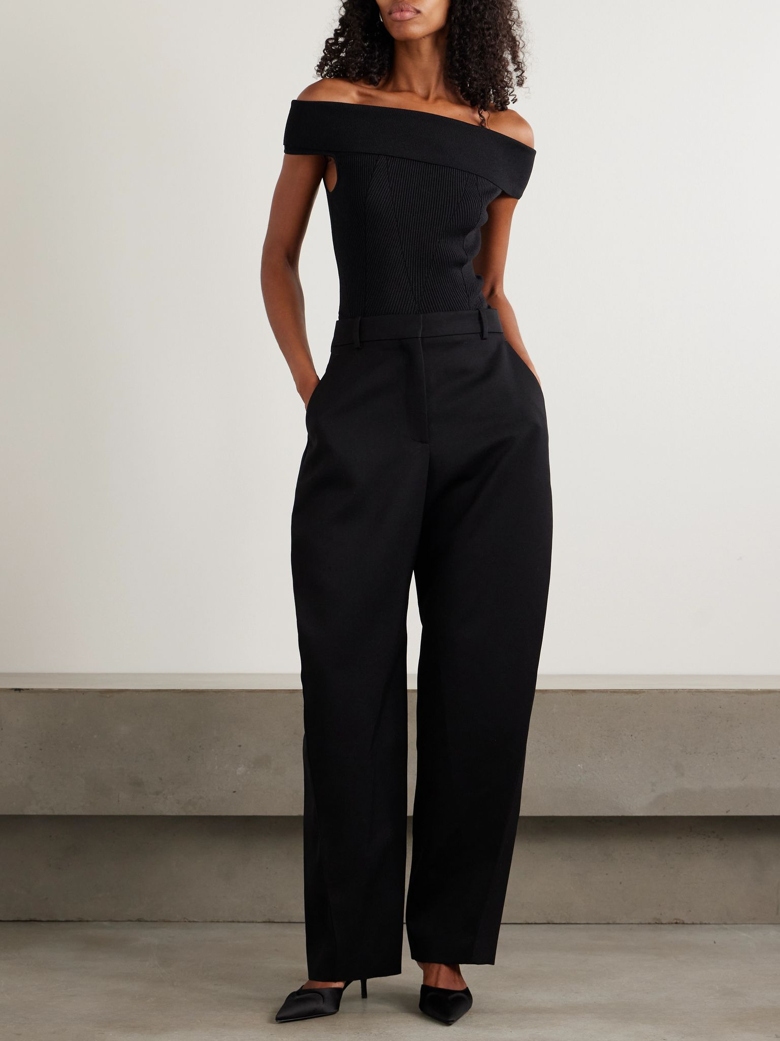 Off-the-shoulder paneled ribbed-knit top Black - 2