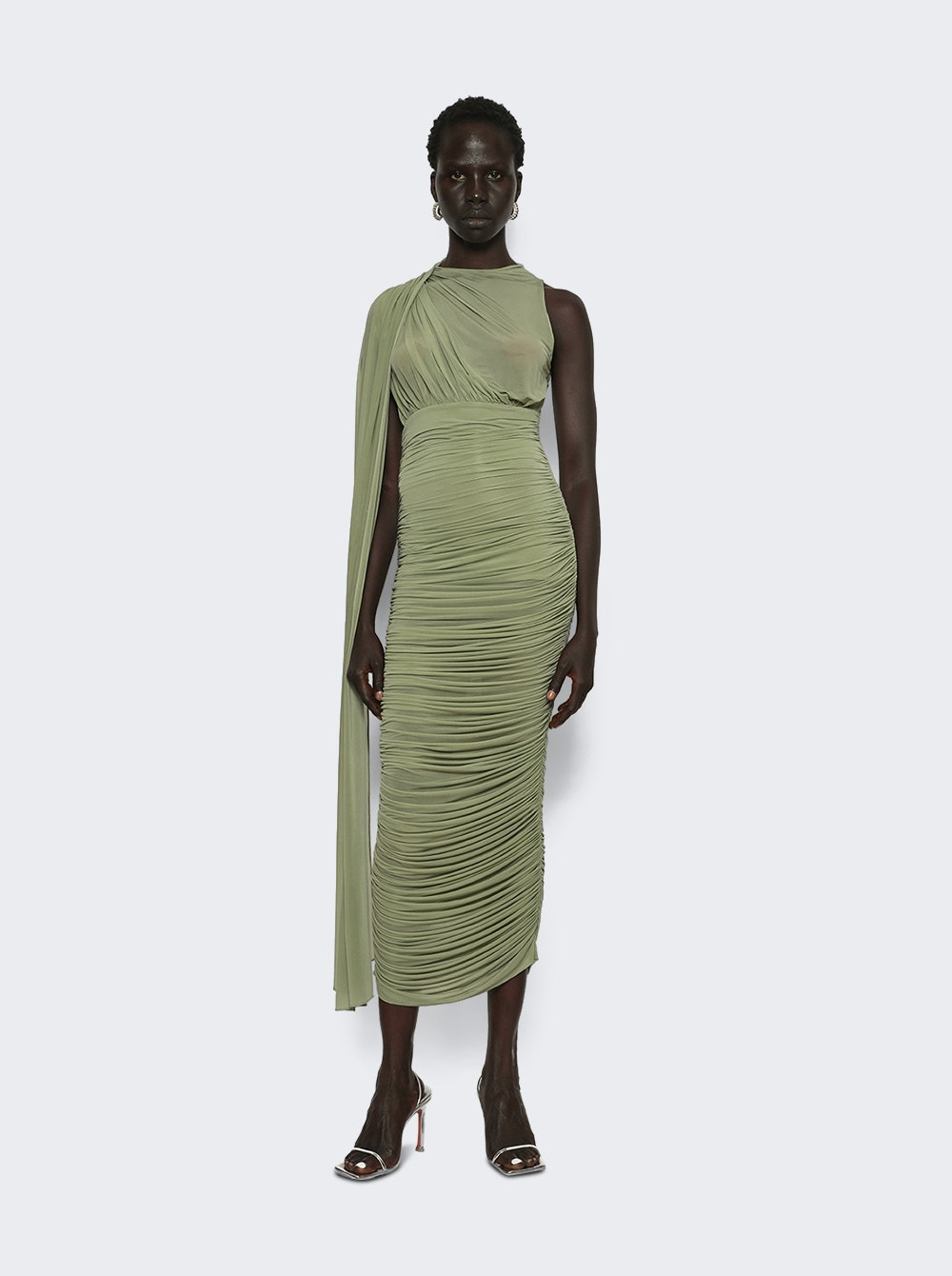 Sheer Draped Midi Dress Green - 5