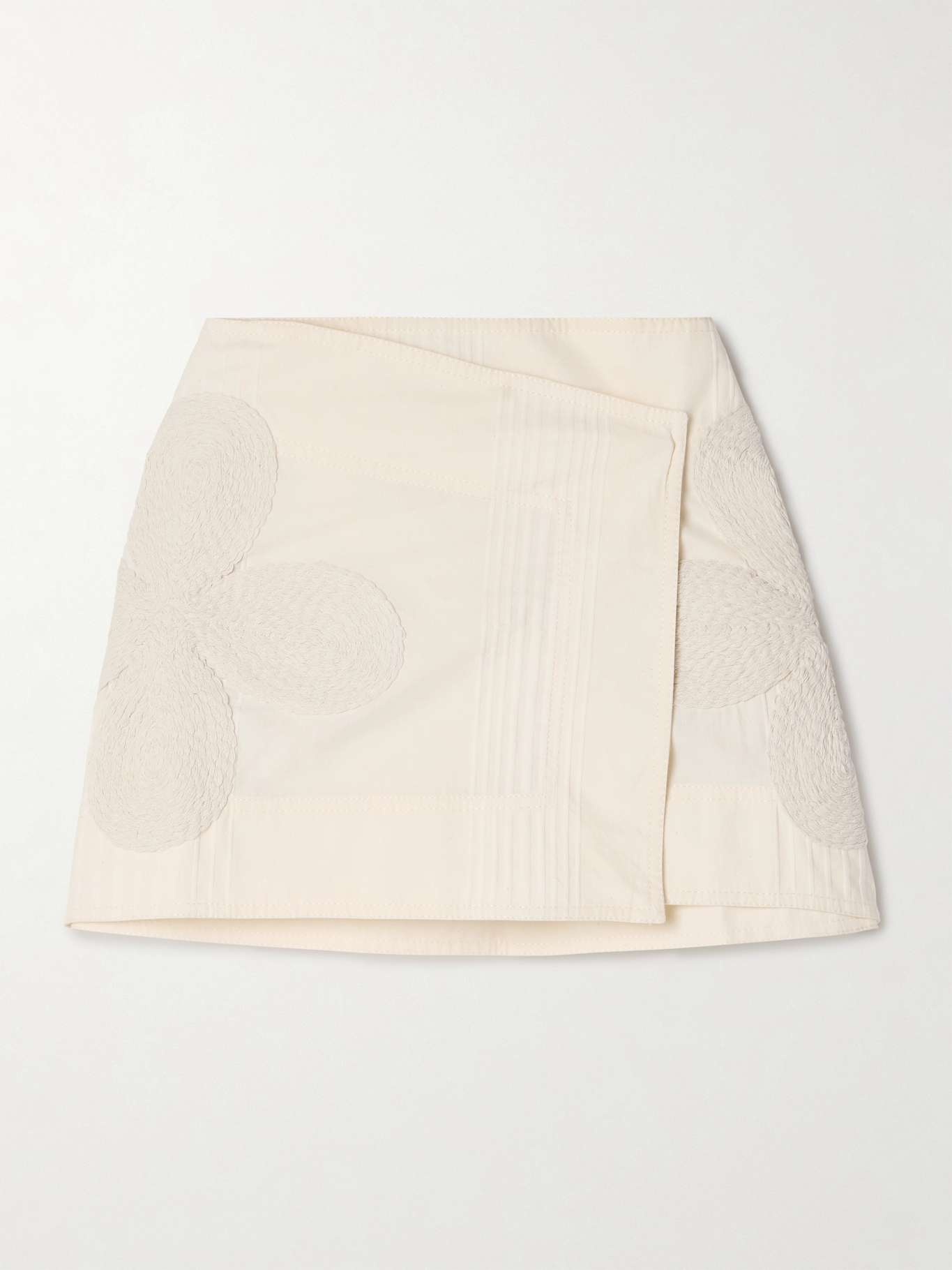 Brouhaha raffia-trimmed embroidered cotton mini wrap skirt - 1