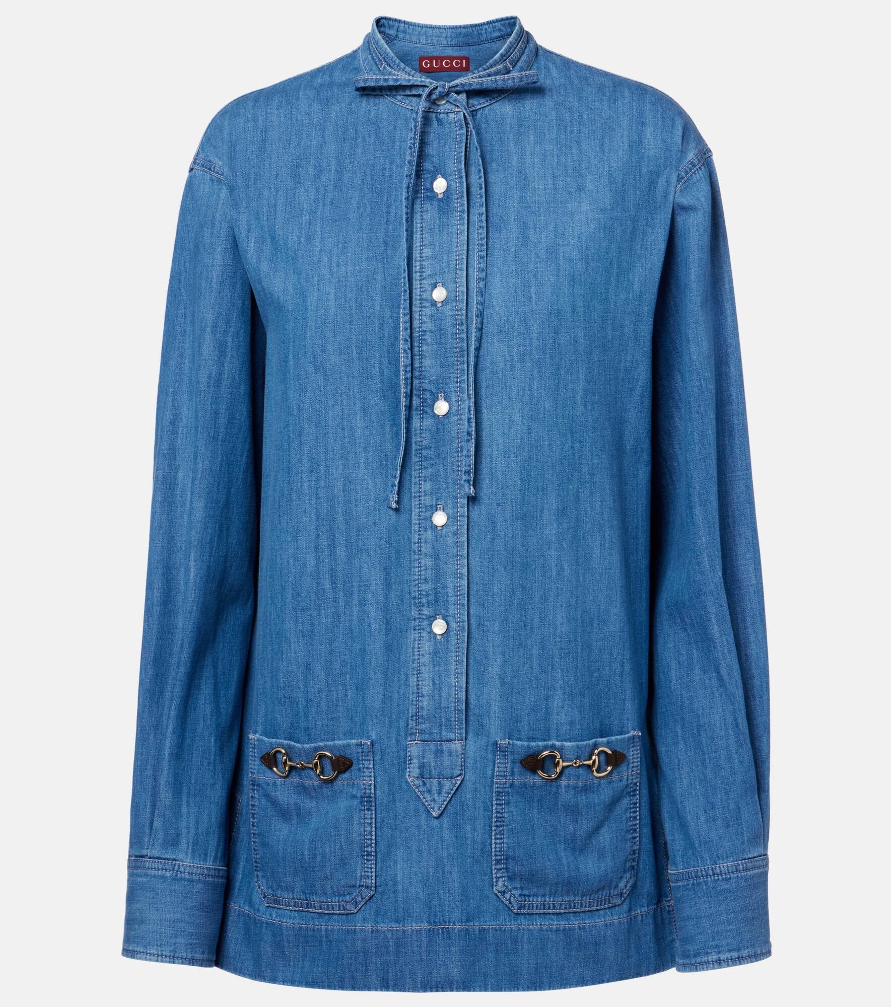 Horsebit leather-trimmed denim shirt - 1