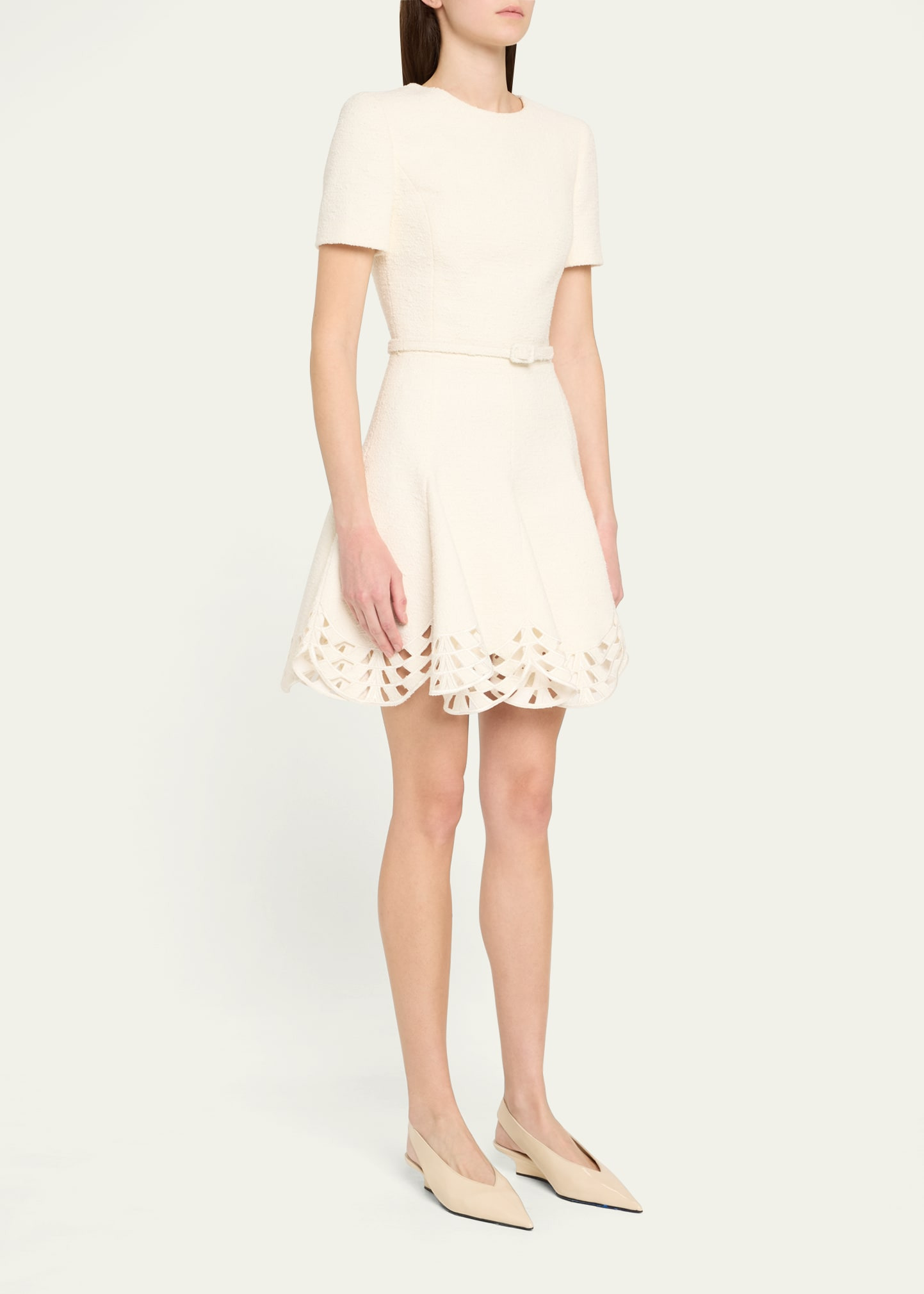 Short-Sleeve Cutout-Hem Tweed Mini Dress With Belt - 4