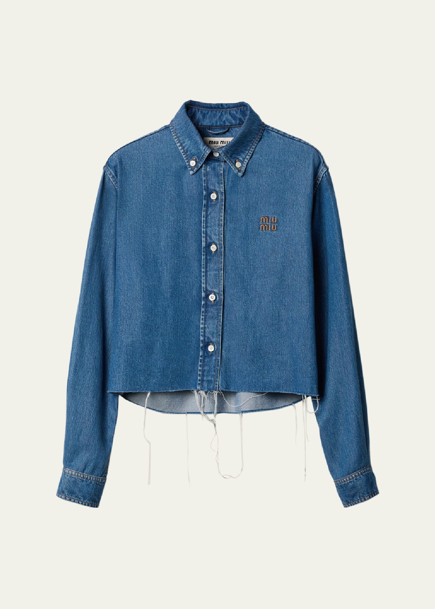 Denim Cropped Collared Button Down Shirt - 1