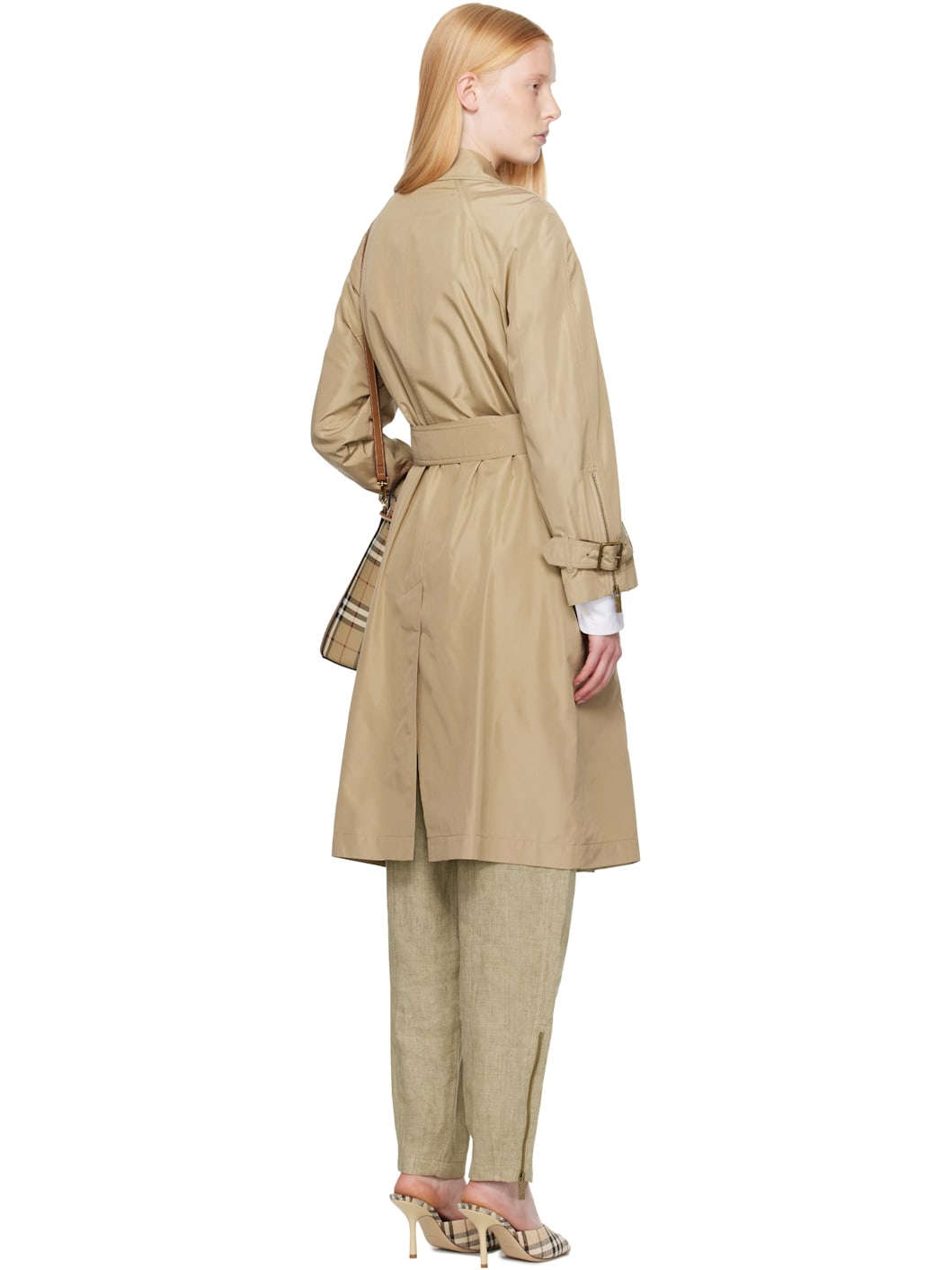 Beige Single Breasted Silk Trench Coat - 3