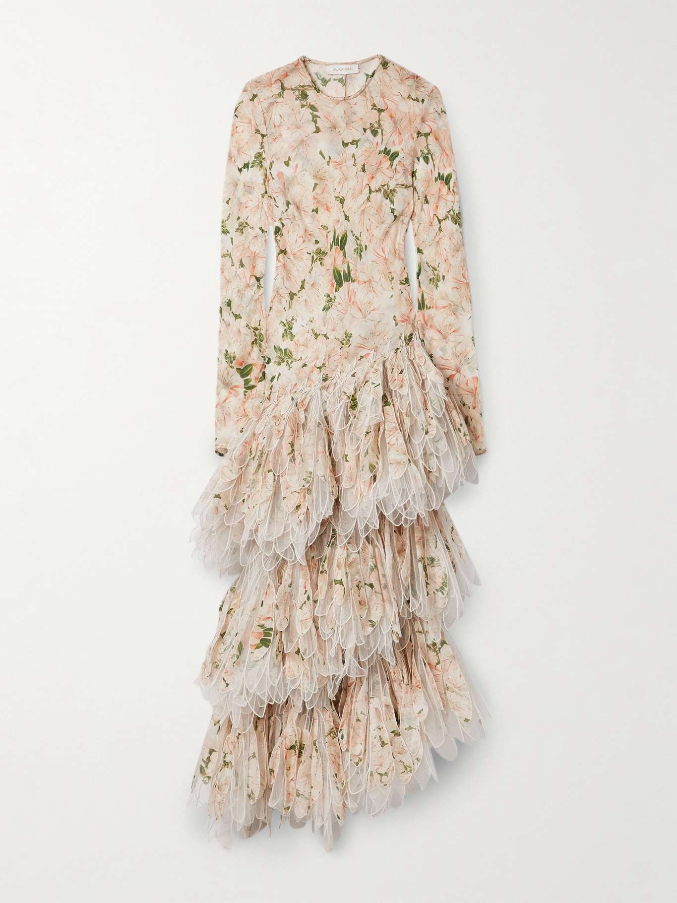 Natura asymmetric tulle-trimmed floral-print linen and silk-blend maxi dress - 1