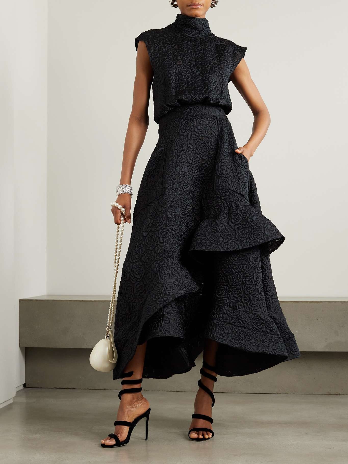 Arresting asymmetric ruffled cloqué turtleneck midi dress - 2