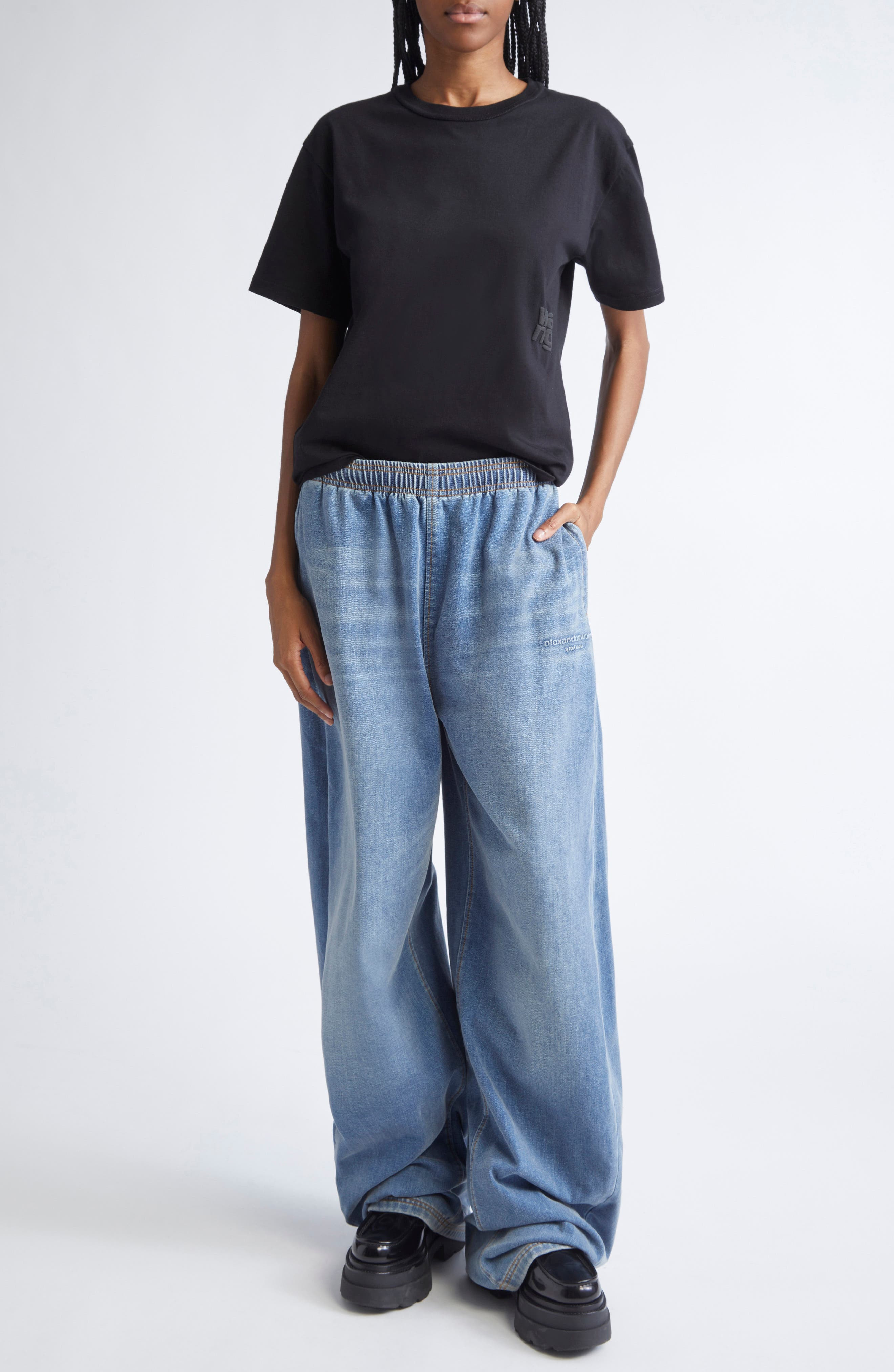 Alexander Wang Elastic Waist Brushed Denim Sweatpants in Washed Light Blue at Nordstrom - 2