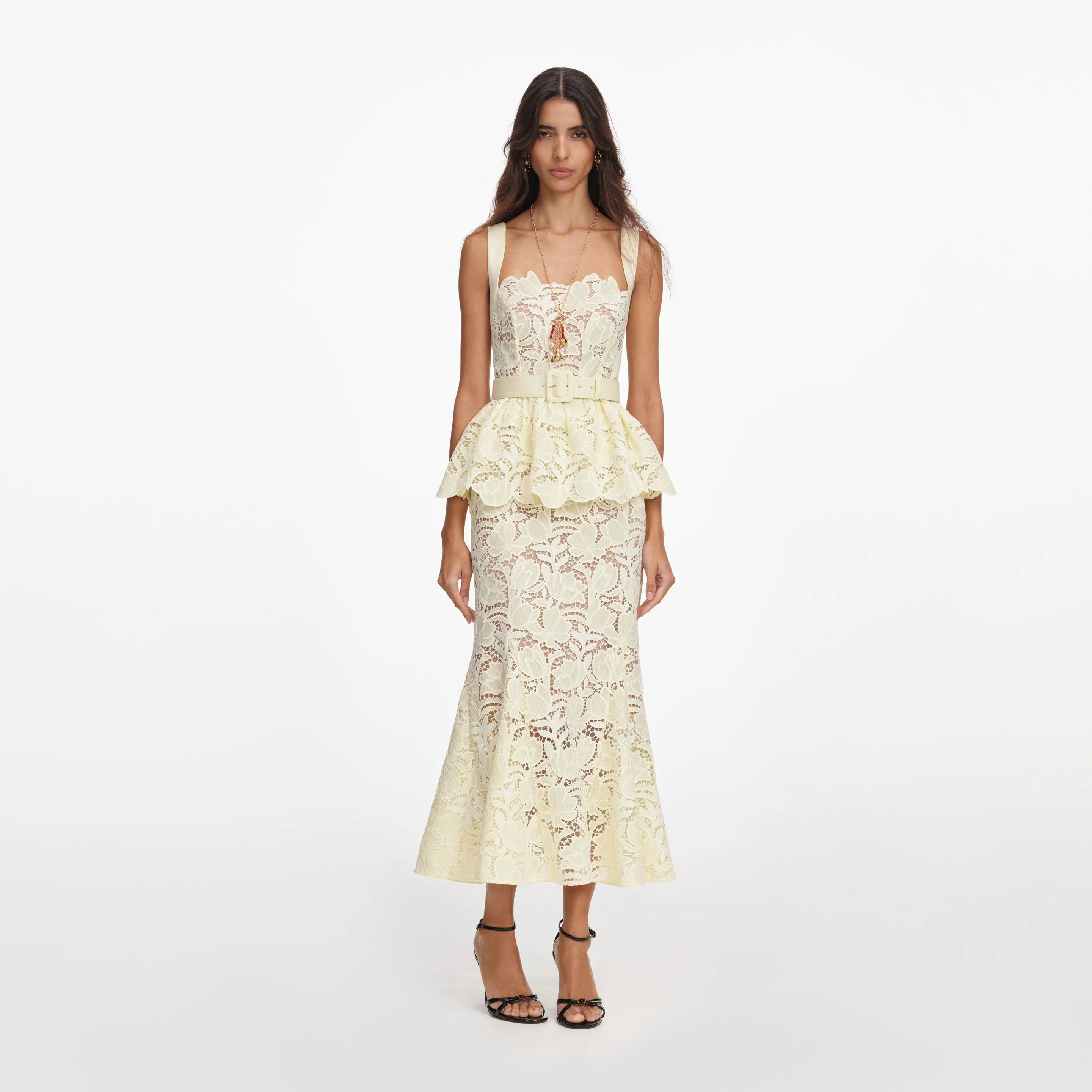 Yellow Lace Peplum Midi Dress - 1