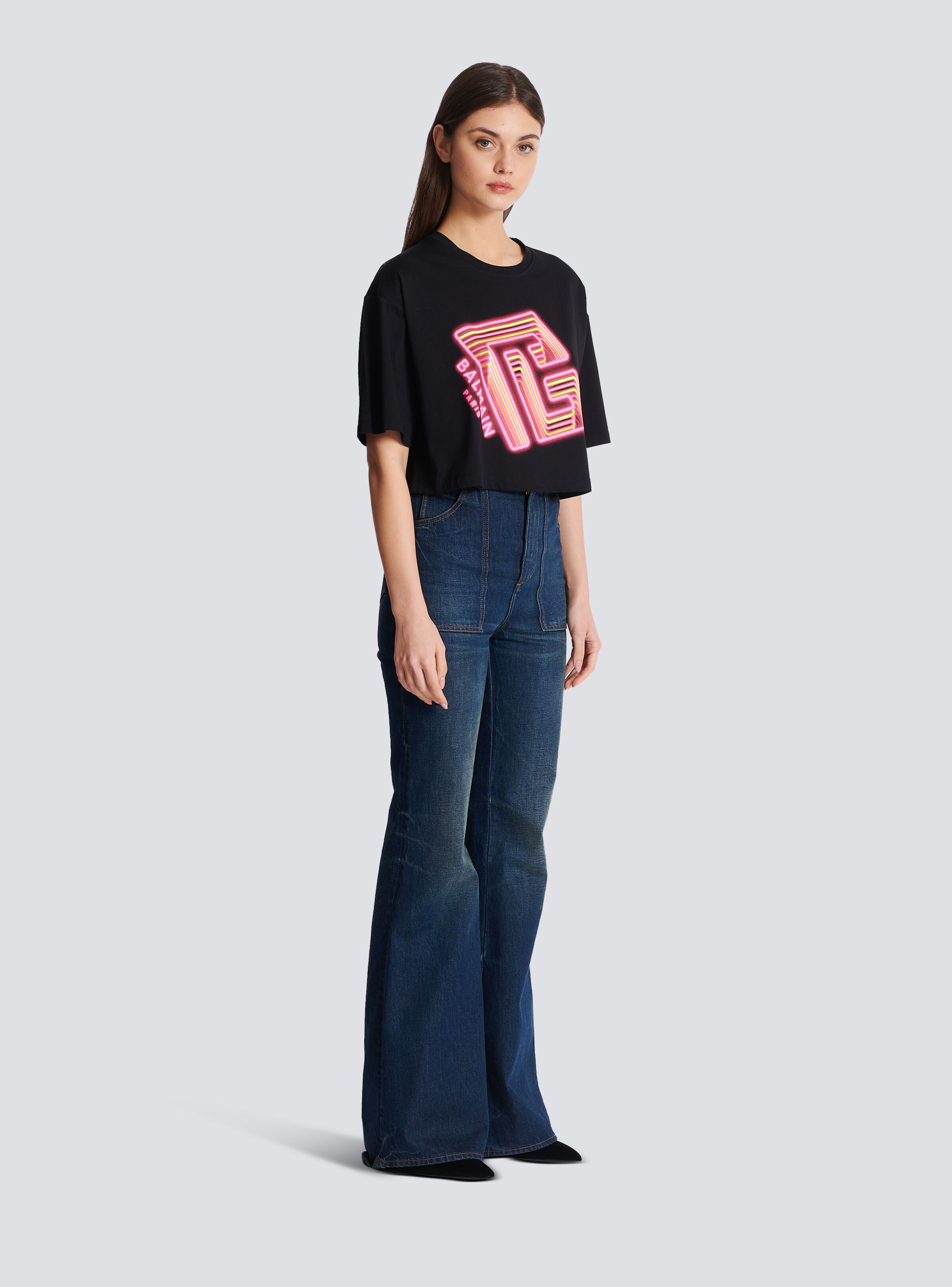 Cropped T-shirt with neon printed labyrinth logo - 3