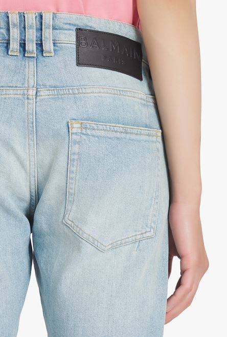 Slim cut faded and ridged light blue eco-designed denim cotton jeans with Balmain monogram on hem - 8