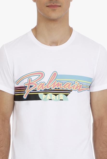 EXCLUSIVE - White cotton T-shirt with multicolor Balmain Paris logo - 6